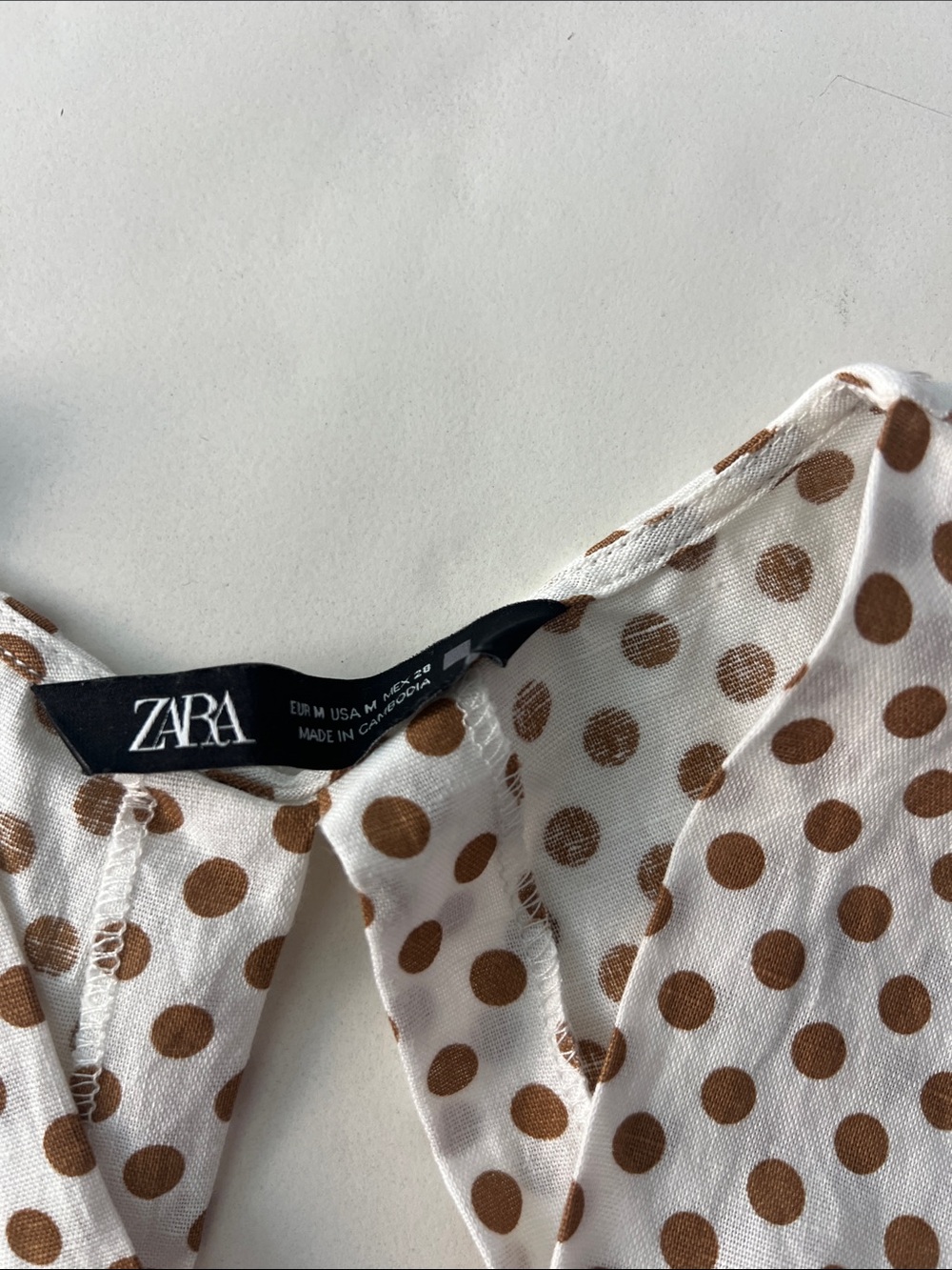 ZARA Linen Blend Polka Dot Crop Deep V Neck Tie Back Blouse Top White Mustard M - Picture 7 of 8